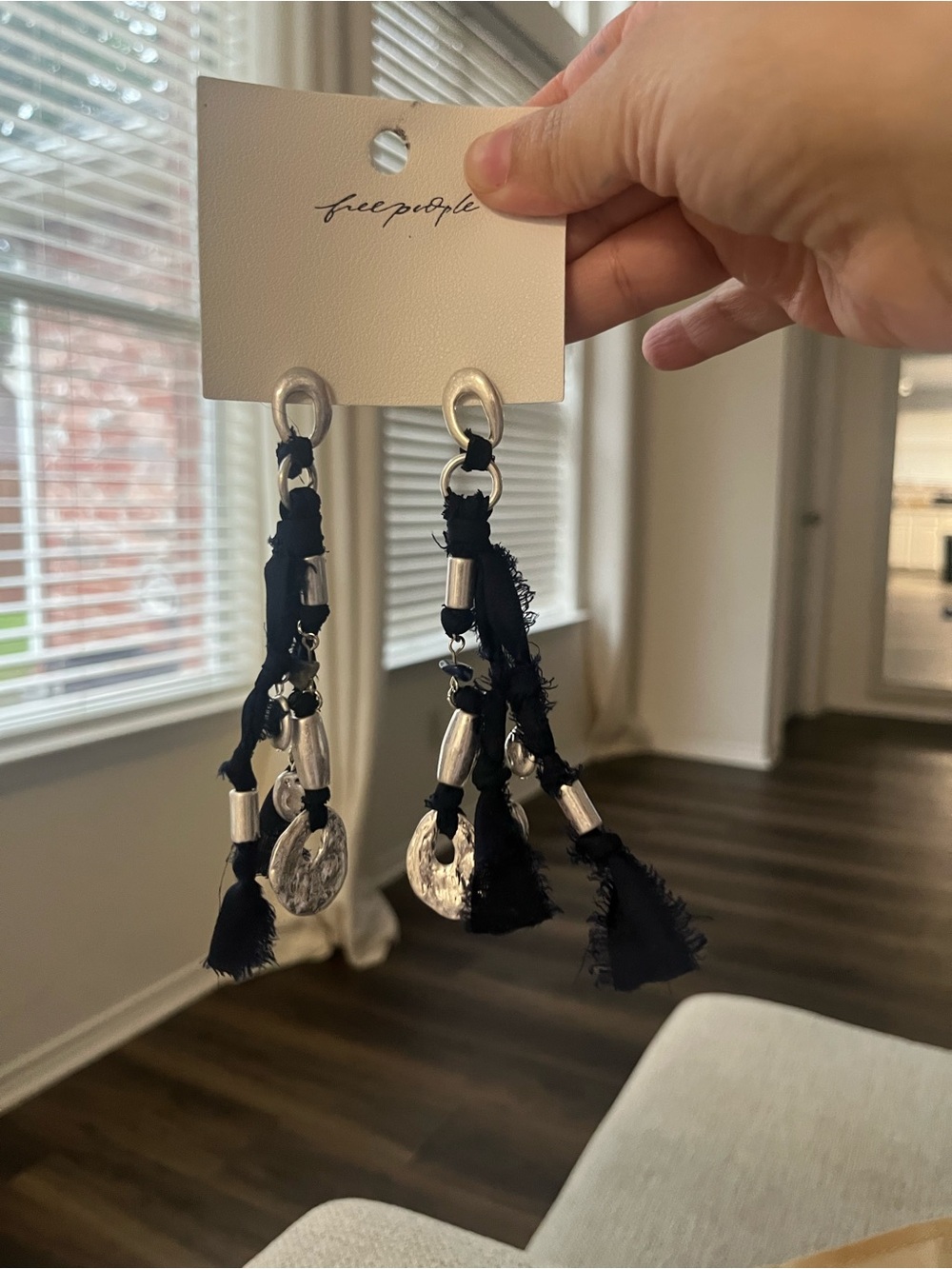 Free People Boho Tassel Dangle Earrings Silver Tone Navy Blue Fabric NWT